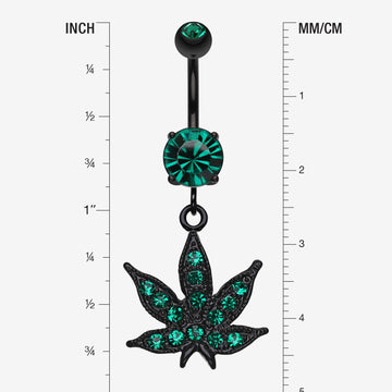 Detail View 1 of Blackline Marijuana Leaf Sparkle Belly Button Ring-Green